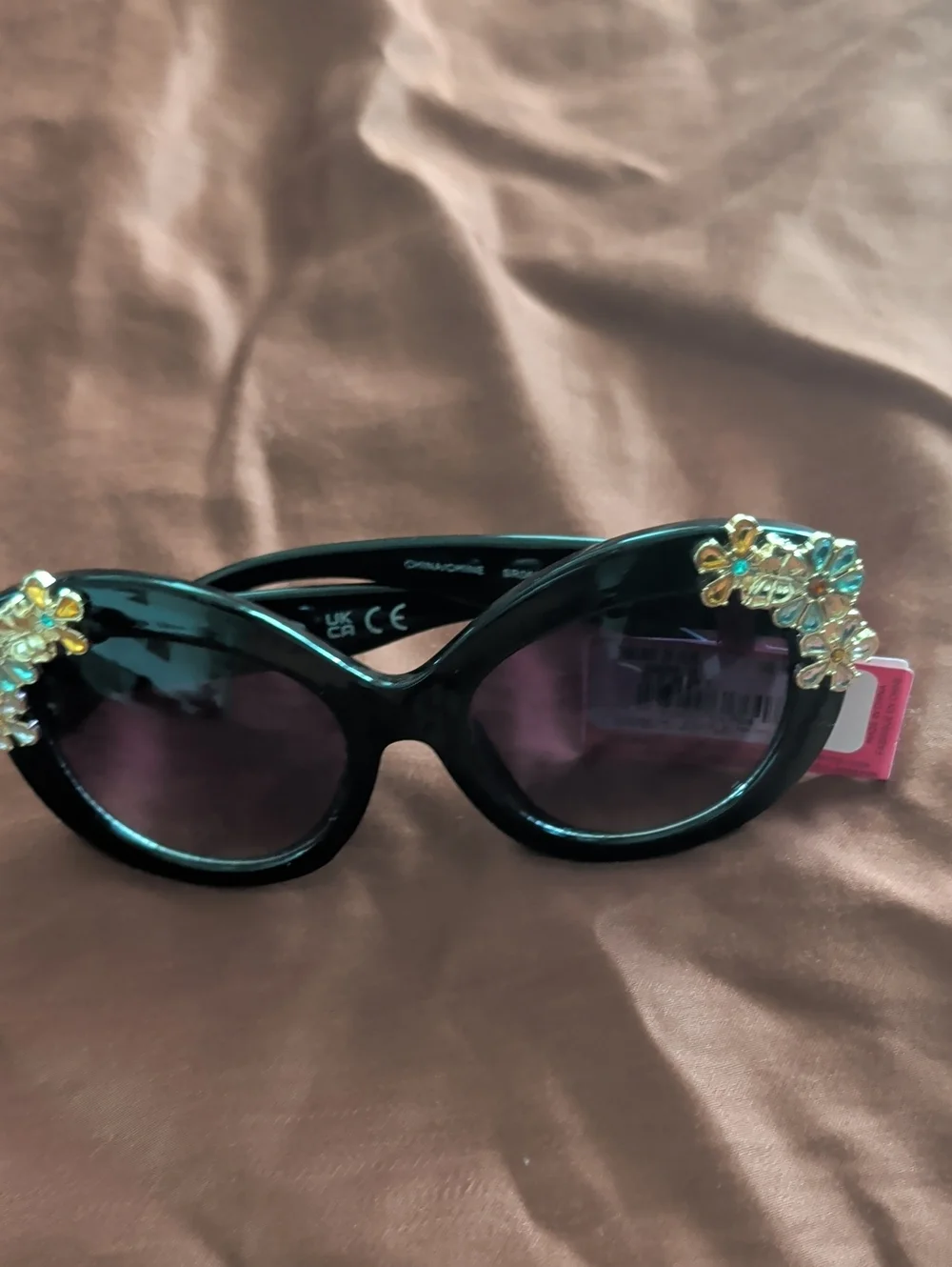 Betsey Johnson Black Round Sunglasses with Pastel Floral Embellishments